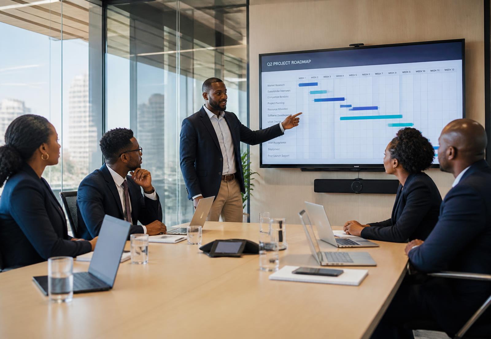 Project team reviewing a project roadmap and Gantt chart in a boardroom